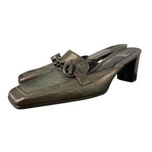 Stuart Weitzman Women's Sz 9.5 Mule Slide Green‎ Bronze Pump Heels Spain*